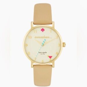 Kate Spade Metro “5 O’Clock Somewhere” Watch: Gold Tone + Beige/Pink Leather